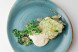 Baked whitefish with mushroom caviar and zucchini scales with fried romaine