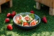 Salad with strawberries, nectarines, watermelon, cucumber, dorblu cheese and honey-butter dressing